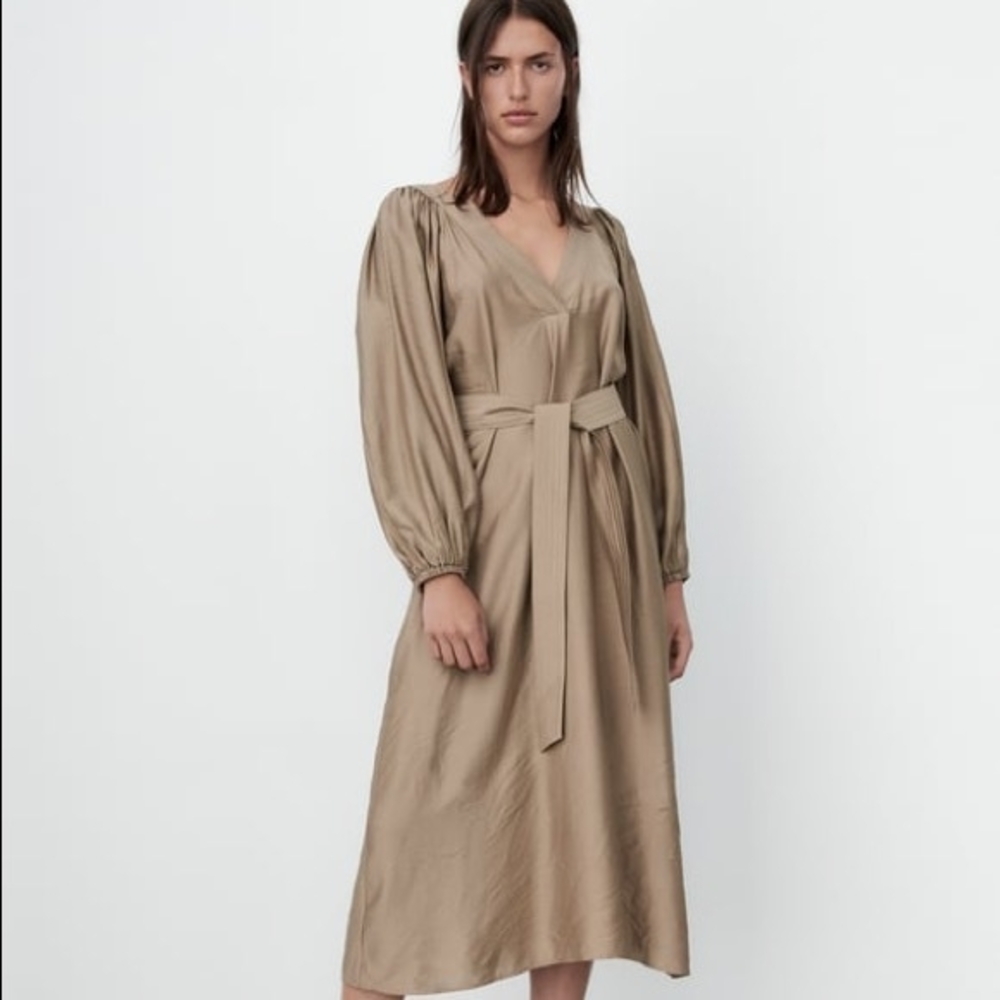 Zara NWT 🏷️ Khaki A-Line Dress With Belt Long Sleeves Room To Move XL - Picture 3 of 11